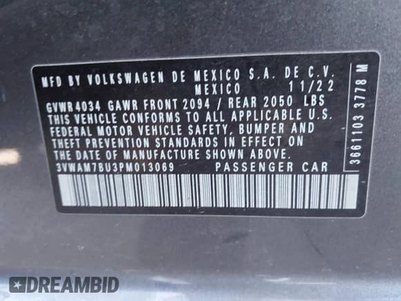 ✅ 2023 Volkswagen Jetta Sport • VIN: 3VWAM7BU3PM013069 • Lot: 41355296. Listed on IAAI with 21,168 mi. Free auction sales archive from the USA and detailed vehicle history report at DreamBid. Image 9.