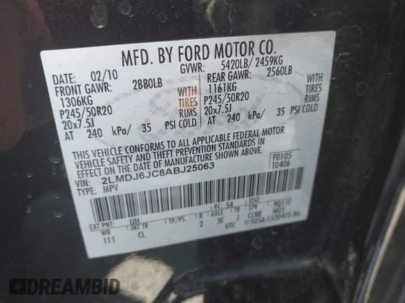 ✅ 2010 Lincoln MKX • VIN: 2LMDJ6JC8ABJ25063 • Lot: 42828704. Listed on IAAI with 167,753 mi. Free auction sales archive from the USA and detailed vehicle history report at DreamBid. Image 9.