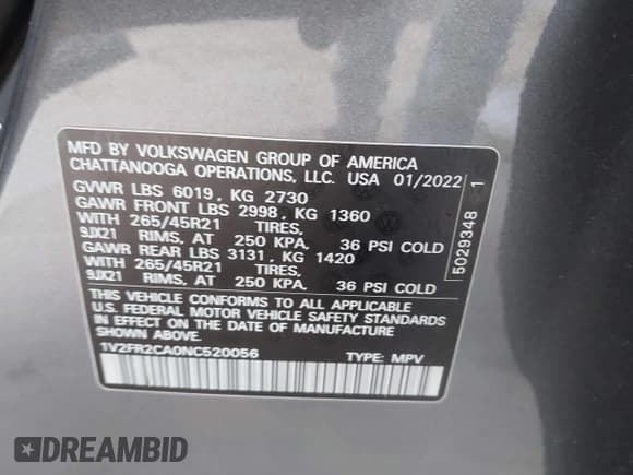 ✅ 2022 Volkswagen Atlas SEL Premium R-Line • VIN: 1V2FR2CA0NC520056 • Lot: 42156457. Listed on IAAI with 30,969 mi. Free auction sales archive from the USA and detailed vehicle history report at DreamBid. Image 9.