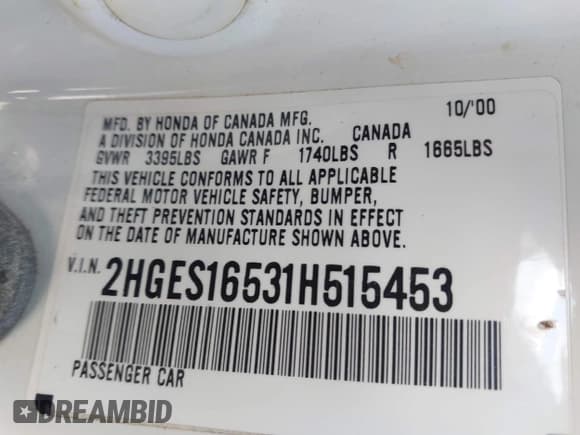 ✅ 2001 Honda Civic LX • VIN: 2HGES16531H515453 • Lot: 43730162. Listed on IAAI with 239,023 mi. Free auction sales archive from the USA and detailed vehicle history report at DreamBid. Image 9.