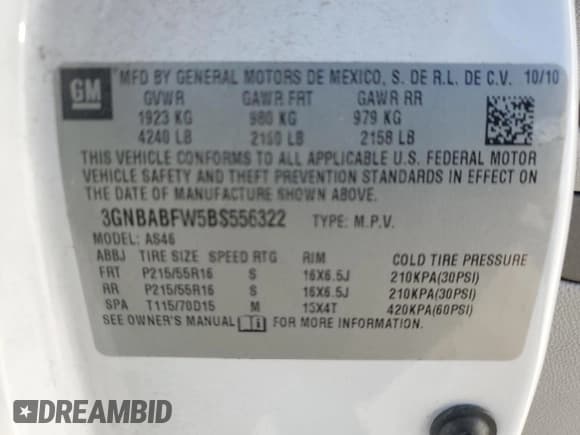 ✅ 2011 Chevrolet HHR 1LT • VIN: 3GNBABFW5BS556322 • Lot: 87914045. Listed on Copart with 56,205 mi. Free auction sales archive from the USA and detailed vehicle history report at DreamBid. Image 13.