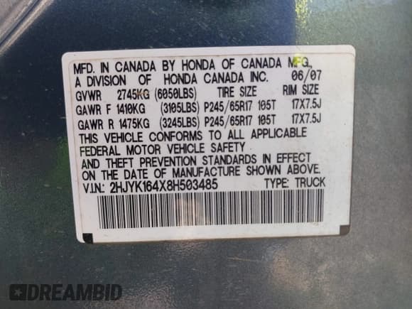 ✅ 2008 Honda Ridgeline RTS • VIN: 2HJYK164X8H503485 • Lot: 43608103. Listed on IAAI with 247,001 mi. Free auction sales archive from the USA and detailed vehicle history report at DreamBid. Image 9.