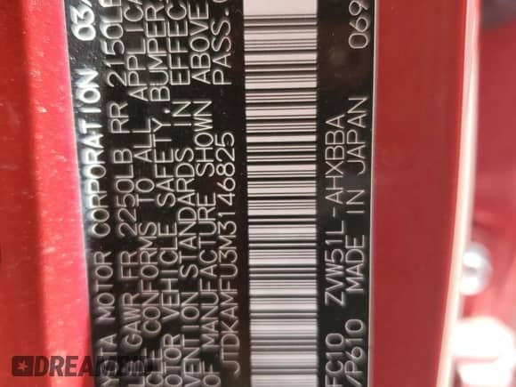 2021 Toyota Prius L Eco with VIN JTDKAMFU3M3146825, listed as a Copart auction lot 66119045 with 324,709 mi miles and Non repairable. Bid and sale history available at DreamBid. Image 13.