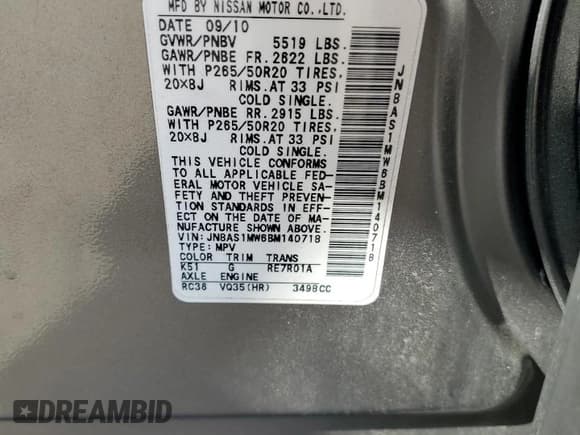 ✅ 2011 Infiniti FX • VIN: JN8AS1MW6BM140718 • Lot: 85102865. Listed on Copart with 150,179 mi. Free auction sales archive from the USA and detailed vehicle history report at DreamBid. Image 13.