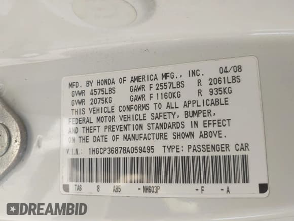 ✅ 2008 Honda Accord EX-L • VIN: 1HGCP36878A059495 • Lot: 43472026. Listed on IAAI with 32,147 mi. Free auction sales archive from the USA and detailed vehicle history report at DreamBid. Image 9.