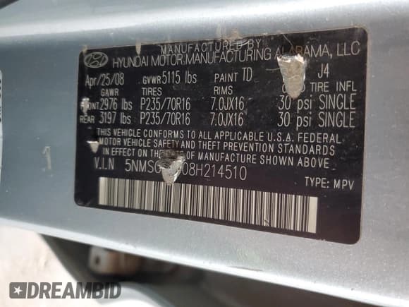 ✅ 2008 Hyundai Santa Fe GLS • VIN: 5NMSG13D08H214510 • Lot: 80250814. Listed on Copart with 209,972 mi. Free auction sales archive from the USA and detailed vehicle history report at DreamBid. Image 12.