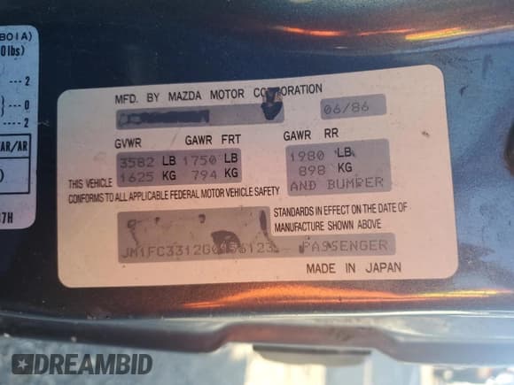 ✅ 1986 Mazda RX-7 • VIN: JM1FC3312G0156123 • Lot: 81193584. Wystawiony na Copart z przebiegiem 187 301 mil. Bezpłatny archiwum sprzedaży aukcyjnych z USA i szczegółowy raport historii pojazdu na DreamBid. Zdjęcie 12.