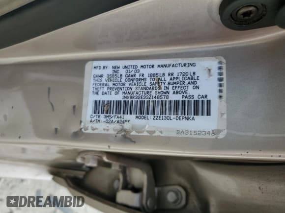 ✅ 2003 Toyota Corolla LE • VIN: 1NXBR32E33Z148578 • Lot: 82385425. Listed on Copart with 197,591 mi. Free auction sales archive from the USA and detailed vehicle history report at DreamBid. Image 12.