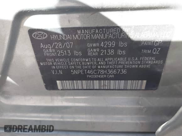 2008 Hyundai Sonata GLS z VIN 5NPET46C78H366736, wystawiony jako IAAI lot #43559900 z przebiegiem 234 030 mil mil oraz . Historia ofert i sprzedaży dostępna na DreamBid. Obrazek 9.