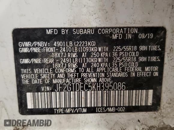 ✅ 2019 Subaru Crosstrek • VIN: JF2GTDEC5KH395086 • Лот: 42751435. Опубликован ранее на Copart с пробегом Не указан. Бесплатный доступ к архиву аукционных продаж из США и подробный отчёт об истории автомобиля на DreamBid. Изображение 12.