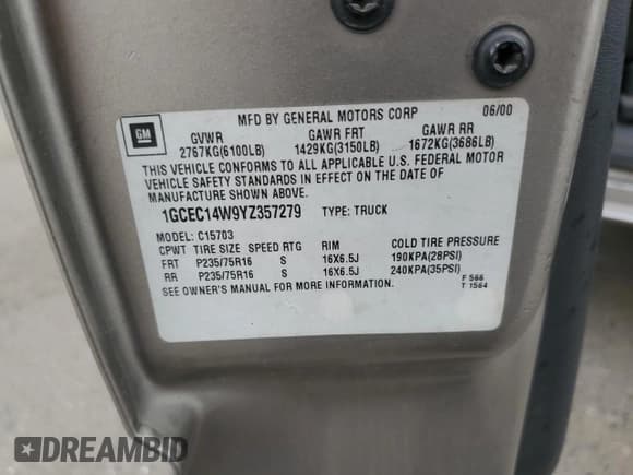 ✅ 2000 Chevrolet Silverado 1500 • VIN: 1GCEC14W9YZ357279 • Lot: 81490685. Listed on Copart with 201,549 mi. Free auction sales archive from the USA and detailed vehicle history report at DreamBid. Image 13.