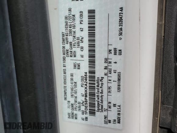 ✅ 2019 Ford Transit • VIN: 1FDES8PM6KKA24684 • Лот: 61988585. Опубликован ранее на Copart с пробегом 67 564 миль. Бесплатный доступ к архиву аукционных продаж из США и подробный отчёт об истории автомобиля на DreamBid. Изображение 13.