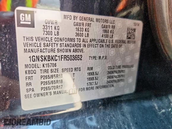 ✅ 2015 Chevrolet Tahoe LT • VIN: 1GNSKBKC1FR503652 • Лот: 69813385. Опубликован ранее на Copart с пробегом 212 564 миль. Бесплатный доступ к архиву аукционных продаж из США и подробный отчёт об истории автомобиля на DreamBid. Изображение 13.