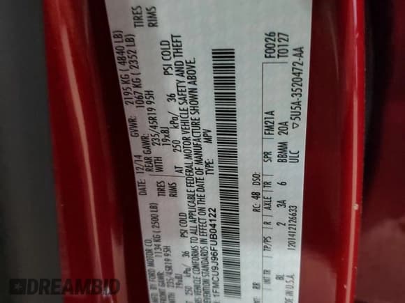 ✅ 2015 Ford Escape Titanium • VIN: 1FMCU9J96FUB04122 • Lot: 59778415. Listed on Copart with 109,470 mi. Free auction sales archive from the USA and detailed vehicle history report at DreamBid. Image 14.