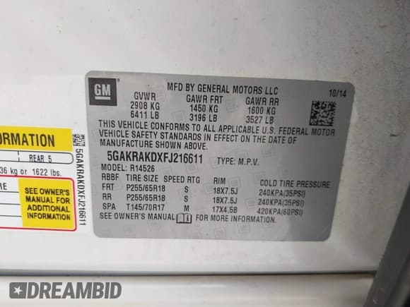 ✅ 2015 Buick Enclave Convenience • VIN: 5GAKRAKDXFJ216611 • Lot: 42260753. Wystawiony na IAAI z przebiegiem 90 900 mil. Bezpłatny archiwum sprzedaży aukcyjnych z USA i szczegółowy raport historii pojazdu na DreamBid. Zdjęcie 9.