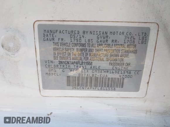 ✅ 2015 Nissan Versa SV • VIN: 3N1CN7AP4FL811558 • Lot: 43530550. Listed on IAAI with Not provided. Free auction sales archive from the USA and detailed vehicle history report at DreamBid. Image 9.