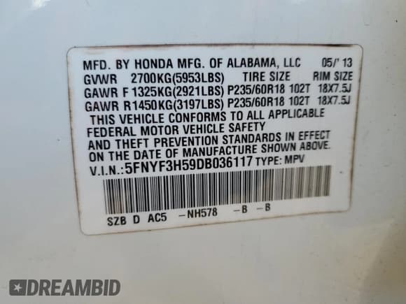 ✅ 2013 Honda Pilot EX-L • VIN: 5FNYF3H59DB036117 • Лот: 91327285. Опубликован ранее на Copart с пробегом 146 947 миль. Бесплатный доступ к архиву аукционных продаж из США и подробный отчёт об истории автомобиля на DreamBid. Изображение 12.