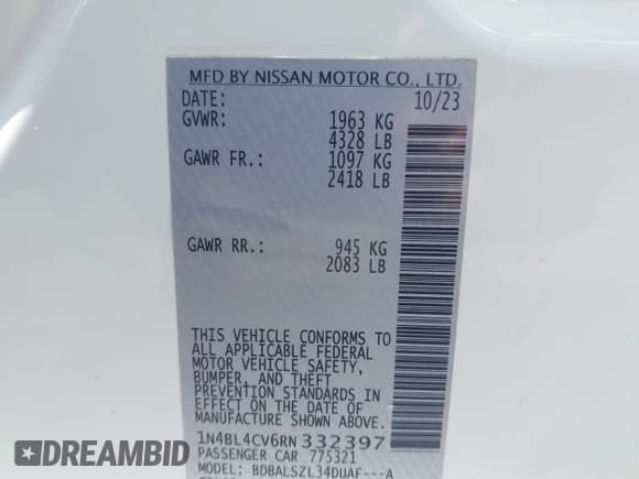 ✅ 2024 Nissan Altima SR • VIN: 1N4BL4CV6RN332397 • Лот: 43171258. Опубликован ранее на IAAI с пробегом 32 432 миль. Бесплатный доступ к архиву аукционных продаж из США и подробный отчёт об истории автомобиля на DreamBid. Изображение 9.