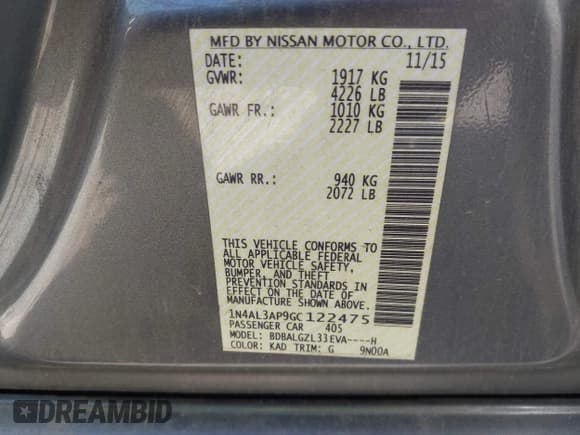 ✅ 2016 Nissan Altima S • VIN: 1N4AL3AP9GC122475 • Lot: 43696760. Listed on IAAI with 138,128 mi. Free auction sales archive from the USA and detailed vehicle history report at DreamBid. Image 9.