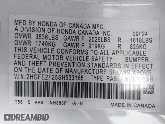 ✅ 2025 Honda Civic LX • VIN: 2HGFE2F25SH533168 • Lot: 43435752. Listed on IAAI with 10,541 mi. Free auction sales archive from the USA and detailed vehicle history report at DreamBid. Image 9.