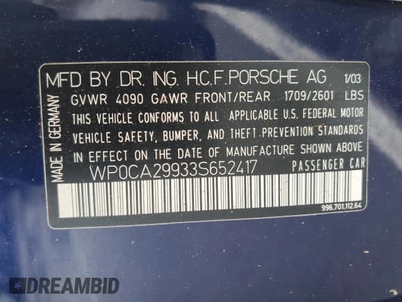 ✅ 2003 Porsche 911 • VIN: WP0CA29933S652417 • Lot: 44735885. Wystawiony na Copart z przebiegiem Nie podano. Bezpłatny archiwum sprzedaży aukcyjnych z USA i szczegółowy raport historii pojazdu na DreamBid. Zdjęcie 12.