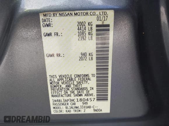 ✅ 2017 Nissan Altima SL • VIN: 1N4BL3AP3HC180457 • Lot: 43828605. Listed on IAAI with 134,831 mi. Free auction sales archive from the USA and detailed vehicle history report at DreamBid. Image 9.