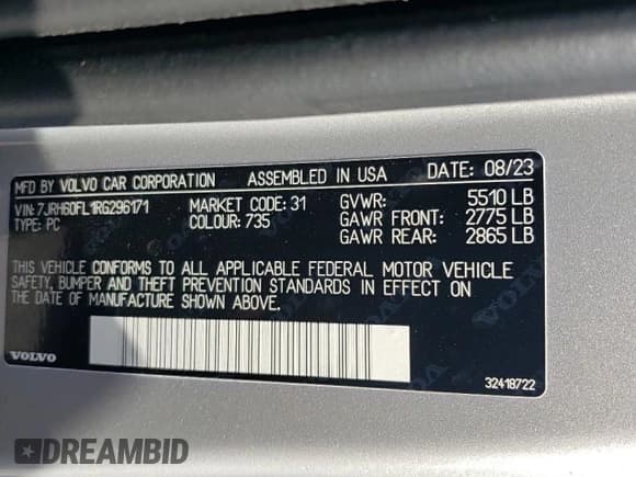 ✅ 2024 Volvo S60 Plus Dark Theme • VIN: 7JRH60FL1RG296171 • Lot: 71429464. Wystawiony na Copart z przebiegiem 3 178 mil. Bezpłatny archiwum sprzedaży aukcyjnych z USA i szczegółowy raport historii pojazdu na DreamBid. Zdjęcie 13.