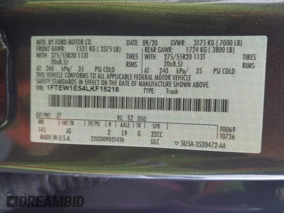 ✅ 2020 Ford F-150 XL • VIN: 1FTEW1E54LKF15218 • Lot: 43536784. Wystawiony na IAAI z przebiegiem 71 925 mil. Bezpłatny archiwum sprzedaży aukcyjnych z USA i szczegółowy raport historii pojazdu na DreamBid. Zdjęcie 9.