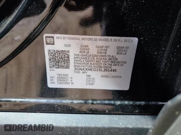 2025 Chevrolet Equinox FWD LT с VIN 3GNAXHEG1SL261445, выставлен на аукционе Copart как лот 53128995 с пробегом 2 050 миль миль и Списание • Salvage title. История ставок и продаж доступна на DreamBid. Изображение 15.