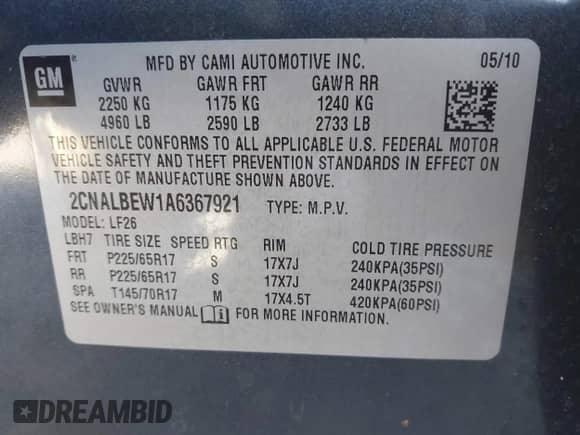 2010 Chevrolet Equinox LS with VIN 2CNALBEW1A6367921, listed as a IAAI auction lot 43495328 with 138,827 mi miles and . Bid and sale history available at DreamBid. Image 9.