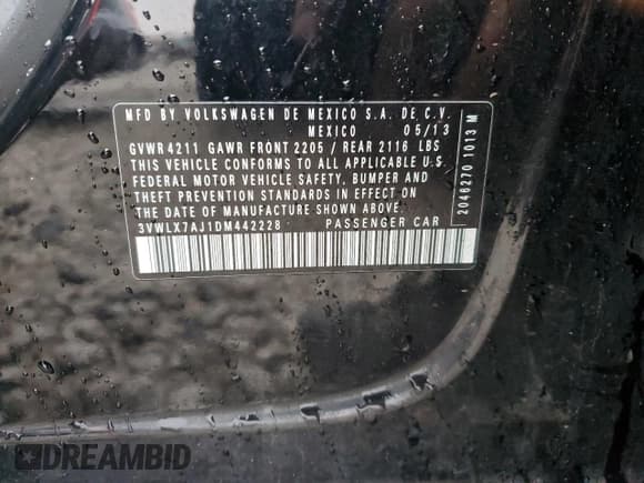 ✅ 2013 Volkswagen Jetta SEL • VIN: 3VWLX7AJ1DM442228 • Lot: 50792815. Listed on Copart with 123,926 mi. Free auction sales archive from the USA and detailed vehicle history report at DreamBid. Image 12.