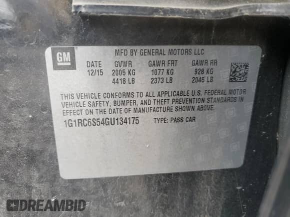 2016 Chevrolet Volt LT with VIN 1G1RC6S54GU134175, listed as a Copart auction lot 89858225 with 58,237 mi miles and Salvage title. Bid and sale history available at DreamBid. Image 13.