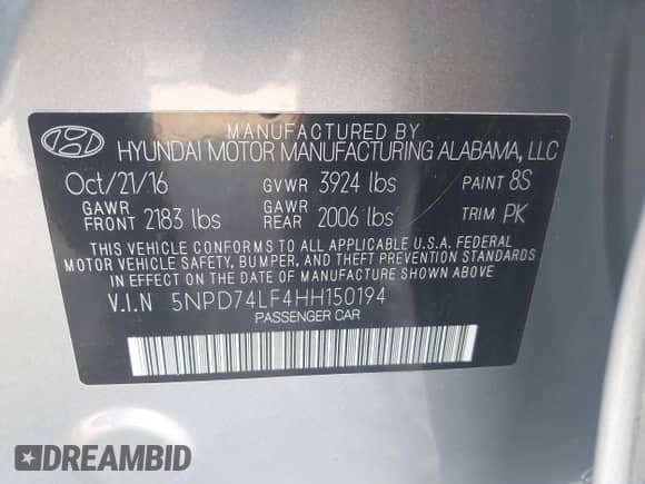 2017 Hyundai Elantra SE with VIN 5NPD74LF4HH150194, listed as a IAAI auction lot 43182856 with 138,946 mi miles and . Bid and sale history available at DreamBid. Image 9.