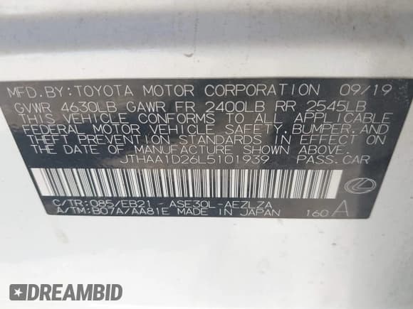 ✅ 2020 Lexus IS 300 • VIN: JTHAA1D26L5101939 • Lot: 42760613. Listed on IAAI with 97,986 mi. Free auction sales archive from the USA and detailed vehicle history report at DreamBid. Image 9.