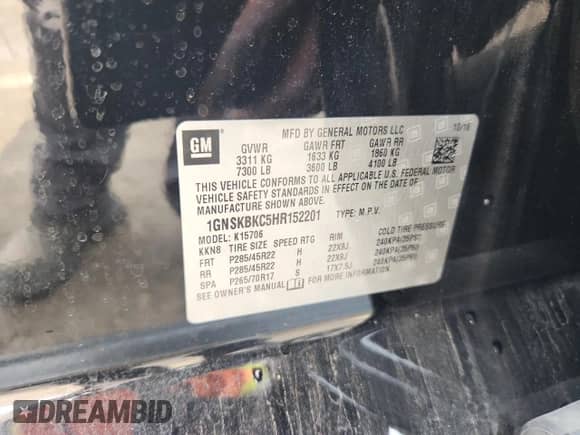 2017 Chevrolet Tahoe LT с VIN 1GNSKBKC5HR152201, выставлен на аукционе Copart как лот 81055345 с пробегом 127 779 миль миль и Списание • Salvage title. История ставок и продаж доступна на DreamBid. Изображение 13.