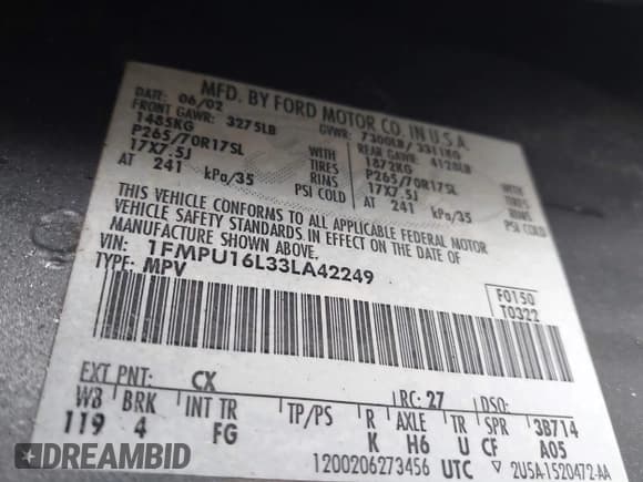 ✅ 2003 Ford Expedition Special Service • VIN: 1FMPU16L33LA42249 • Lot: 41951186. Listed on IAAI with 172,004 mi. Free auction sales archive from the USA and detailed vehicle history report at DreamBid. Image 9.