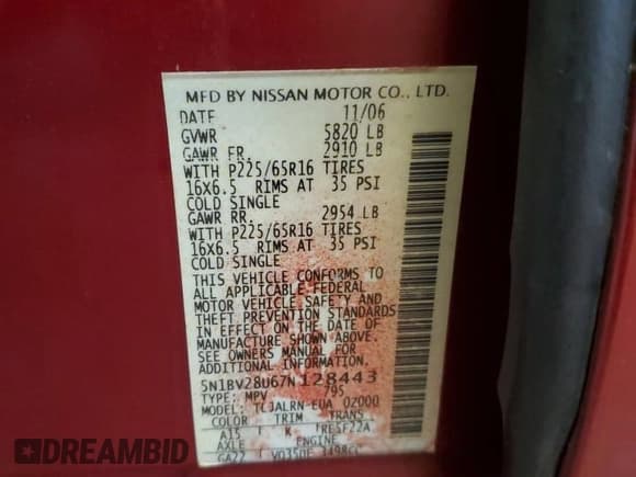 ✅ 2007 Nissan Quest SE • VIN: 5N1BV28U67N128443 • Lot: 55982835. Listed on Copart with 169,568 mi. Free auction sales archive from the USA and detailed vehicle history report at DreamBid. Image 13.