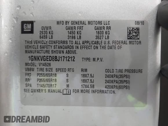 ✅ 2011 Chevrolet Traverse 1LT • VIN: 1GNKVGED8BJ171212 • Lot: 43311339. Wystawiony na IAAI z przebiegiem 174 479 mil. Bezpłatny archiwum sprzedaży aukcyjnych z USA i szczegółowy raport historii pojazdu na DreamBid. Zdjęcie 9.