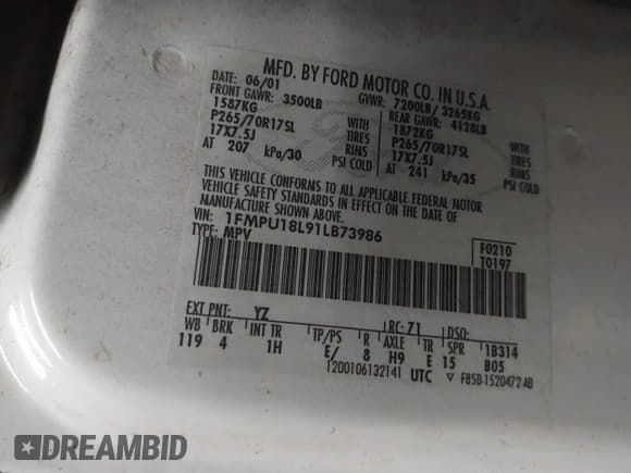 ✅ 2001 Ford Expedition Eddie Bauer • VIN: 1FMPU18L91LB73986 • Lot: 40751322. Listed on IAAI with 336,305 mi. Free auction sales archive from the USA and detailed vehicle history report at DreamBid. Image 9.