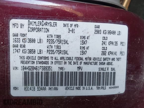 ✅ 2001 Dodge Durango • VIN: 1B4HS28N61F589351 • Lot: 43140624. Listed on IAAI with 140,561 mi. Free auction sales archive from the USA and detailed vehicle history report at DreamBid. Image 9.
