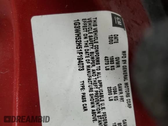 ✅ 2001 Oldsmobile Intrigue GX • VIN: 1G3WH52H51F194073 • Lot: 87184915. Wystawiony na Copart z przebiegiem 192 714 mil. Bezpłatny archiwum sprzedaży aukcyjnych z USA i szczegółowy raport historii pojazdu na DreamBid. Zdjęcie 12.