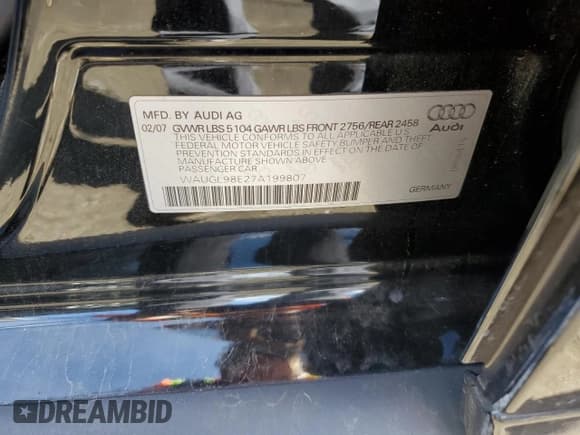 ✅ 2007 Audi S4 • VIN: WAUGL98E27A199807 • Lot: 75247414. Listed on Copart with 88,496 mi. Free auction sales archive from the USA and detailed vehicle history report at DreamBid. Image 12.