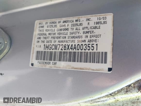 ✅ 2004 Honda Accord EX • VIN: 1HGCM726X4A003551 • Lot: 43226087. Listed on IAAI with 165,152 mi. Free auction sales archive from the USA and detailed vehicle history report at DreamBid. Image 9.