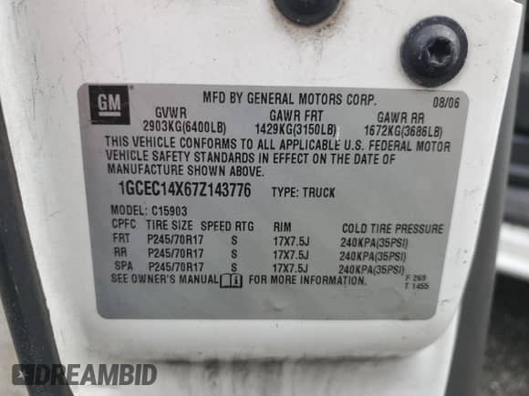 2007 Chevrolet Silverado 1500 Work Truck with VIN 1GCEC14X67Z143776, listed as a Copart auction lot 67640125 with 247,234 mi miles and Salvage title. Bid and sale history available at DreamBid. Image 12.