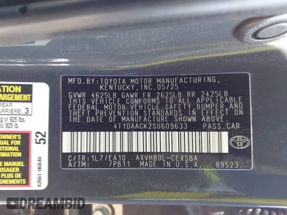 2025 Toyota Camry LE с VIN 4T1DAACK2SU609633, выставлен на аукционе IAAI как лот 43023203 с пробегом 7 512 миль миль и . История ставок и продаж доступна на DreamBid. Изображение 9.