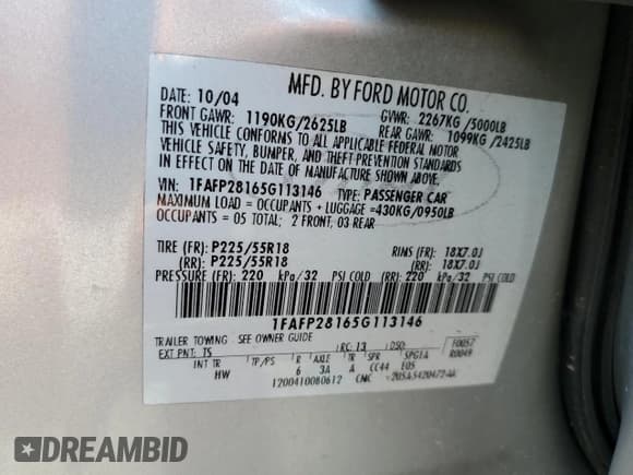 ✅ 2005 Ford Five Hundred Limited • VIN: 1FAFP28165G113146 • Lot: 69217585. Listed on Copart with 105,434 mi. Free auction sales archive from the USA and detailed vehicle history report at DreamBid. Image 12.