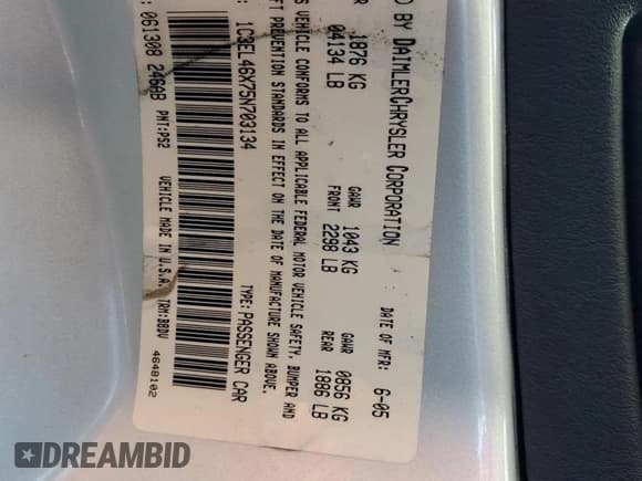 ✅ 2005 Chrysler Sebring • VIN: 1C3EL46X75N703134 • Lot: 54598015. Listed on Copart with 93,728 mi. Free auction sales archive from the USA and detailed vehicle history report at DreamBid. Image 12.