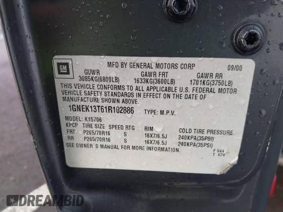 2001 Chevrolet Tahoe LT z VIN 1GNEK13T61R102886, wystawiony jako IAAI lot #41870940 z przebiegiem 267 769 mil mil oraz . Historia ofert i sprzedaży dostępna na DreamBid. Obrazek 9.