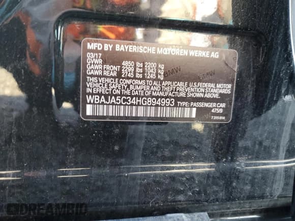 ✅ 2017 BMW 5 Series 530i • VIN: WBAJA5C34HG894993 • Лот: 81071875. Опубликован ранее на Copart с пробегом Не указан. Бесплатный доступ к архиву аукционных продаж из США и подробный отчёт об истории автомобиля на DreamBid. Изображение 12.