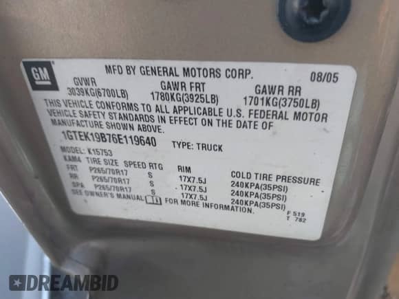 2006 GMC Sierra 1500 Work Truck with VIN 1GTEK19B76E119640, listed as a IAAI auction lot 41456475 with 212,634 mi miles and . Bid and sale history available at DreamBid. Image 9.